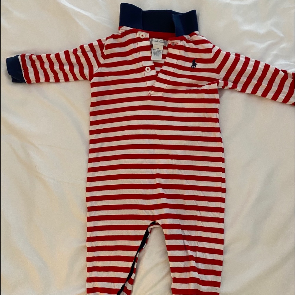Polo one piece. Red, white, navy. Size 9m